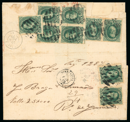 Stamp of Brazil » 1866-83 Dom Pedro » 1877-78 Roulette "White Beard" Issue 1877, 100r green (9), the third largest franking on cover