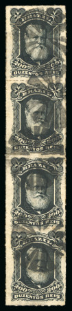 Stamp of Brazil » 1866-83 Dom Pedro » 1877-78 Roulette "White Beard" Issue 1877, 200r black, vertical strip of four, intense colour,