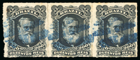 Stamp of Brazil » 1866-83 Dom Pedro » 1877-78 Roulette "White Beard" Issue 1877, 200r black, two strips of three, used in black and blue