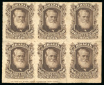 Stamp of Brazil » 1866-83 Dom Pedro » 1877-78 Roulette "White Beard" Issue 1877, 260r dark brown, block of six o.g.