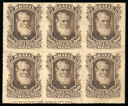 Stamp of Brazil » 1866-83 Dom Pedro » 1877-78 Roulette "White Beard" Issue 1877, 260r dark brown, block of six o.g.