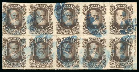 Stamp of Brazil » 1866-83 Dom Pedro » 1877-78 Roulette "White Beard" Issue 1877, 260r dark brown, horizontal block of ten used in blue