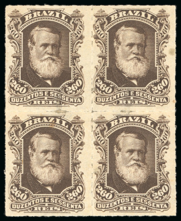 Stamp of Brazil » 1866-83 Dom Pedro » 1877-78 Roulette "White Beard" Issue 1877, 260r dark brown, three mint blocks of four