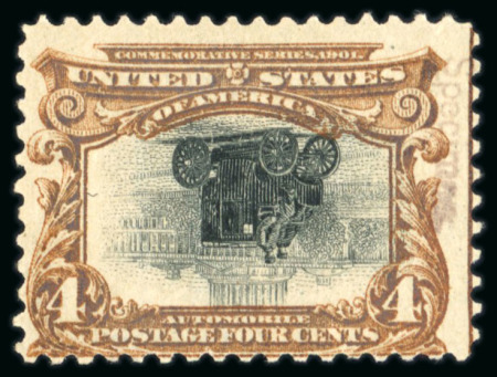 Stamp of United States 1901, Electric Automobile 4c deep red-brown & black mint h.r. showing the INVERTED CENTRE variety with SPECIMEN ovpt