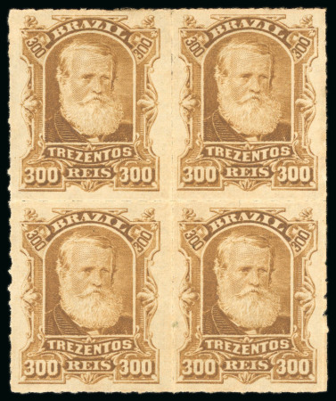 Stamp of Brazil » 1866-83 Dom Pedro » 1877-78 Roulette "White Beard" Issue 1878, 300r ochre, mint block of four, very deep shade,