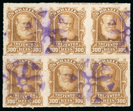 Stamp of Brazil » 1866-83 Dom Pedro » 1877-78 Roulette "White Beard" Issue 1878, 300r ochre, horizontal block of six not so skillfully