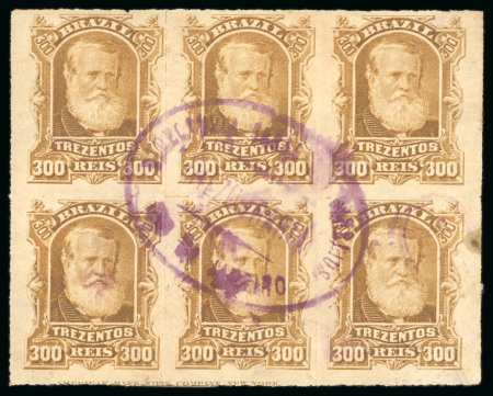 Stamp of Brazil » 1866-83 Dom Pedro » 1877-78 Roulette "White Beard" Issue 1878, 300r ochre, horizontal block of six, full ABN