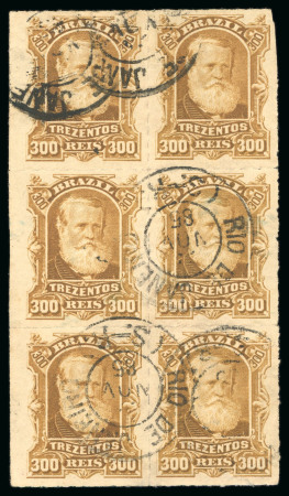 Stamp of Brazil » 1866-83 Dom Pedro » 1877-78 Roulette "White Beard" Issue 1878, 300r ochre, vertical block of six, used, imperforate at left