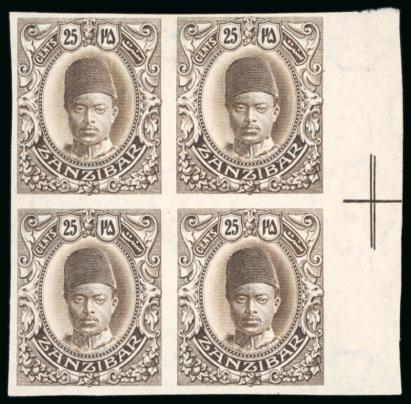 Stamp of Zanzibar » The Zanzibar Post Office (1895-1964) 1908-09 25c sepia imperf. plate proof right marginal block of four