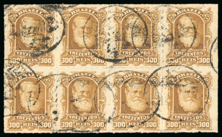 Stamp of Brazil » 1866-83 Dom Pedro » 1877-78 Roulette "White Beard" Issue 1878, 300r ochre, horizontal block of eight, cancelled