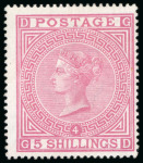 Stamp of Great Britain » 1855-1900 Surface Printed » 1867-83 High Values 1867-83 5/- rose on blued paper, pl.4, GD, a superb