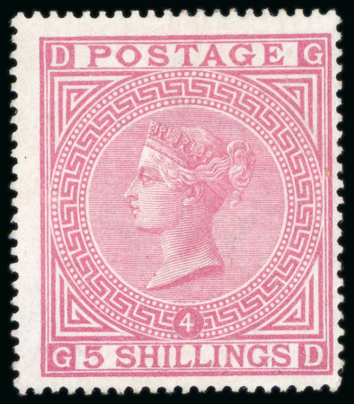 Stamp of Great Britain » 1855-1900 Surface Printed » 1867-83 High Values 1867-83 5/- rose on blued paper, pl.4, GD, a superb
