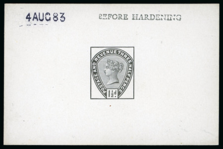 Stamp of Great Britain » 1855-1900 Surface Printed » 1883-84 Lilac & Green Issue 1883 1 1/2d. die proof in black on glazed card 90x60mm,