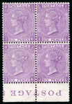 Stamp of Great Britain » 1855-1900 Surface Printed » 1867-80 Large Uncoloured Corner Letters, Wmk Spray of Rose 1867-80 6d. mauve, pl. 8, IK-JL, mint block four from