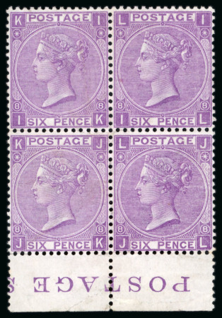 Stamp of Great Britain » 1855-1900 Surface Printed » 1867-80 Large Uncoloured Corner Letters, Wmk Spray of Rose 1867-80 6d. mauve, pl. 8, IK-JL, mint block four from