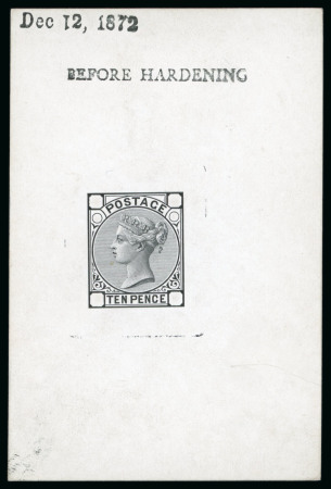 Stamp of Great Britain » 1855-1900 Surface Printed » 1867-80 Large Uncoloured Corner Letters, Wmk Spray of Rose 1872 10d. die proof in black on white glazed card 90x60mm