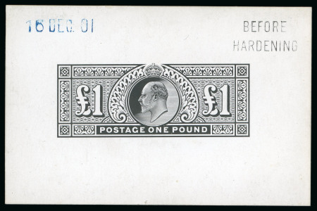 Stamp of Great Britain » King Edward VII » 1902-10 De La Rue Issues 1901 £1 die proof in black on glazed card 90x60mm.,