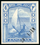 Stamp of Zanzibar » The Zanzibar Post Office (1895-1964) 1913 4R group of proofs in blue on carton paper; incl. two imperf. singles different types of "SPECIMEN" hs