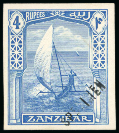 Stamp of Zanzibar » The Zanzibar Post Office (1895-1964) 1913 4R group of proofs in blue on carton paper; incl. two imperf. singles different types of "SPECIMEN" hs