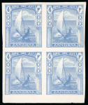Stamp of Zanzibar » The Zanzibar Post Office (1895-1964) 1913 4R group of proofs in blue on carton paper; incl. two imperf. singles different types of "SPECIMEN" hs