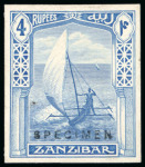 Stamp of Zanzibar » The Zanzibar Post Office (1895-1964) 1913 4R group of proofs in blue on carton paper; incl. two imperf. singles different types of "SPECIMEN" hs