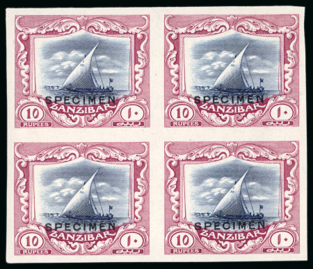 Stamp of Zanzibar » The Zanzibar Post Office (1895-1964) 1913 10R imperf. proof in block of four on thick, gummed paper in blue-black and reddish mauve with "SPECIMEN" overprint