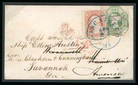 Stamp of Great Britain » 1847-54 Embossed 1855 (Apr 5) envelope from Belfast to Maine U.S.A.,