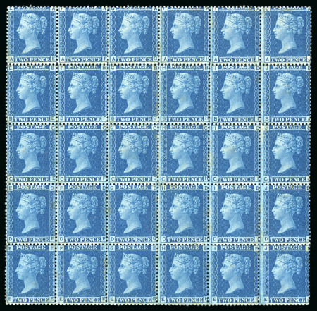 Stamp of Great Britain » 1854-70 Perforated Line Engraved 1858-78 2. blue, pl. 9, AE-EJ, mint OG, block of thirty;
