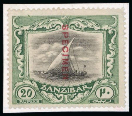 Stamp of Zanzibar » The Zanzibar Post Office (1895-1964) 1921-29 3c, 6c, 12c, 20c and 20R with "SPECIMEN" overprints and affixed to pieces from the De La Rue archives