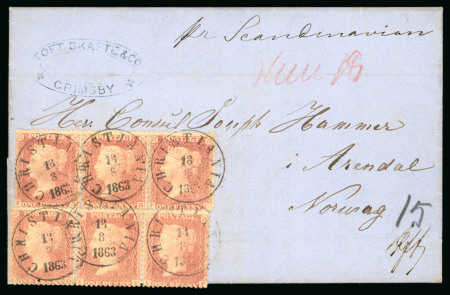 Stamp of Great Britain » 1854-1900 Postal History of the Perforated Line Engraved and Surface Printed Issues 1863 (Aug 13) entire letter from Grimsby to Norway,