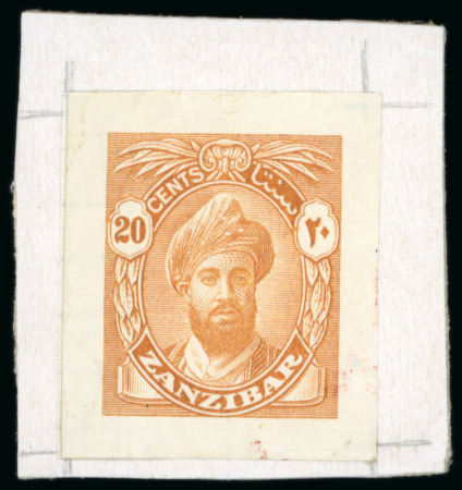 Stamp of Zanzibar » The Zanzibar Post Office (1895-1964) 1936 New Currency 20c and 5s imperf. die proofs in the issued colours, affixed to pieces from the De La Rue archive,