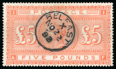 Stamp of Great Britain » 1855-1900 Surface Printed » 1867-83 High Values 1867-83 £5 orange, AF, neatly cancelled by Belfast