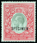 Stamp of Kenya, Uganda and Tanganyika » Kenya, Uganda and Tanganyika 1912-21 500r green and red on green with "SPECIMEN"