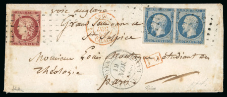 Stamp of France » Type Cérès de 1849-1850 1849, Cérès non dentelé 1 franc carmin et Présidence 25 centimes bleu en paire oblitérés gros points sur enveloppe en provenance de la Guyane