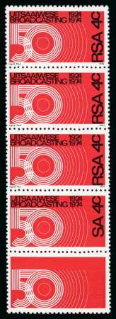 Stamp of South Africa » Union & Republic of South Africa 1974 4c red and black mint n.h. vertical strip of five with the lower stamp showing variety black omitted