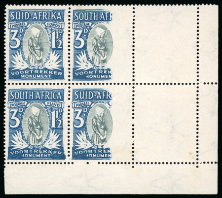 Stamp of South Africa » Union & Republic of South Africa 1933-36 Voortrekker Monument 3d. + 1 1/2d. grey-green block of four, the right vertical pair partially omitted