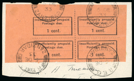 Stamp of Zanzibar » The Zanzibar Post Office (1895-1964) » Postage Dues 1926-30 1c black on orange in used block of four on piece