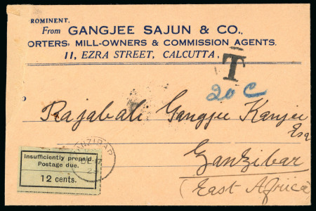 Stamp of Zanzibar » The Zanzibar Post Office (1895-1964) » Postage Dues 1929 (Nov 18) Incoming commercial cover from Calcutta, India, with 1926-30 12c black on green postage due