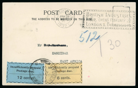 Stamp of Zanzibar » The Zanzibar Post Office (1895-1964) » Postage Dues 1932 (Jan 28) Incoming postcard from England, sent unfranked with 1930-33 6c and 12c postage dues applied on arrival