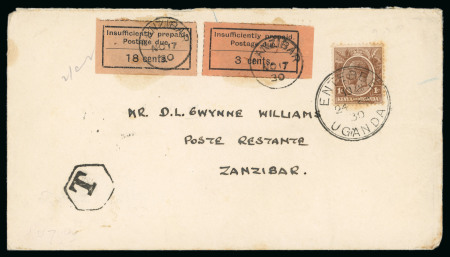 Stamp of Zanzibar » The Zanzibar Post Office (1895-1964) » Postage Dues 1930 (Sep 24) Incoming envelope from Kenya & Uganda with 1c tied by Entebbe cds, underpaid