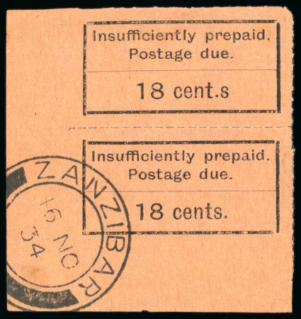 Stamp of Zanzibar » The Zanzibar Post Office (1895-1964) » Postage Dues 1926-30, used group with "cent.s" varieties in vertical pairs (4)