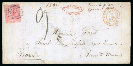 Stamp of Mauritius » Later Issues 1862 (Mar 6) wrapper to France with1860-63 4d rose tied by "B53" numeral, underpaid with "INSUFFICIENTLY / PREPAID" oval ds