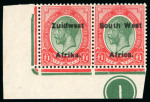 Stamp of South West Africa 1923-26 Setting VI £1 green and red mint l.h. se-tenant pair in corner marginal plate number "1"