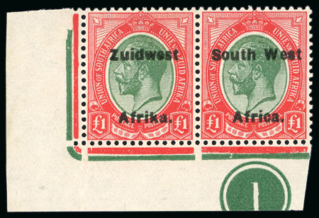 Stamp of South West Africa 1923-26 Setting VI £1 green and red mint l.h. se-tenant pair in corner marginal plate number "1"