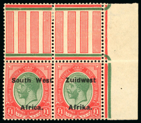 Stamp of South West Africa 1923-26 Setting VIa £1 green and red mint n.h. se-tenant pair from the upper right corner of the pane