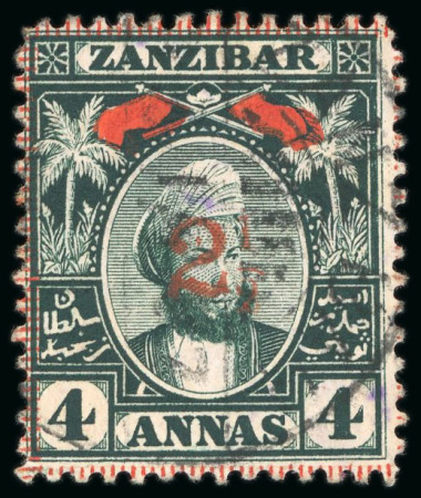 Stamp of Zanzibar » The Zanzibar Post Office (1895-1964) 1897 (Jan) 2 1/2d on 4a myrtle green used group incl. the three different surcharge types