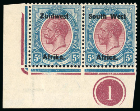 Stamp of South West Africa 1923-26 Setting IIIa 5s purple and blue in mint n.h. plate number "1" pair from the lower left corner of the pane