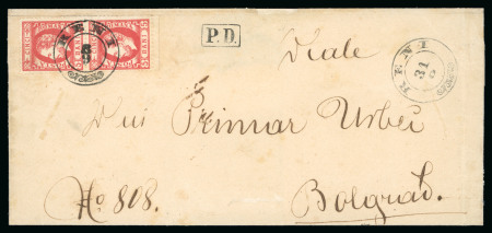 Stamp of Romania » 1872 Prince Carol I - Perforated 1871 Folded cover bearing a vertical pair of 5b carmine