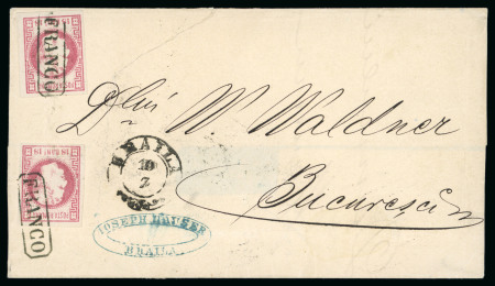 Stamp of Romania » 1868-70 Prince Carol I - New Currency 1868 Large part of cover from Braila to Bucuresci franked