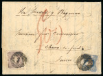 Stamp of Portugal 1853, 100r lilac mauve together with 25r blue on cover to Switzerland